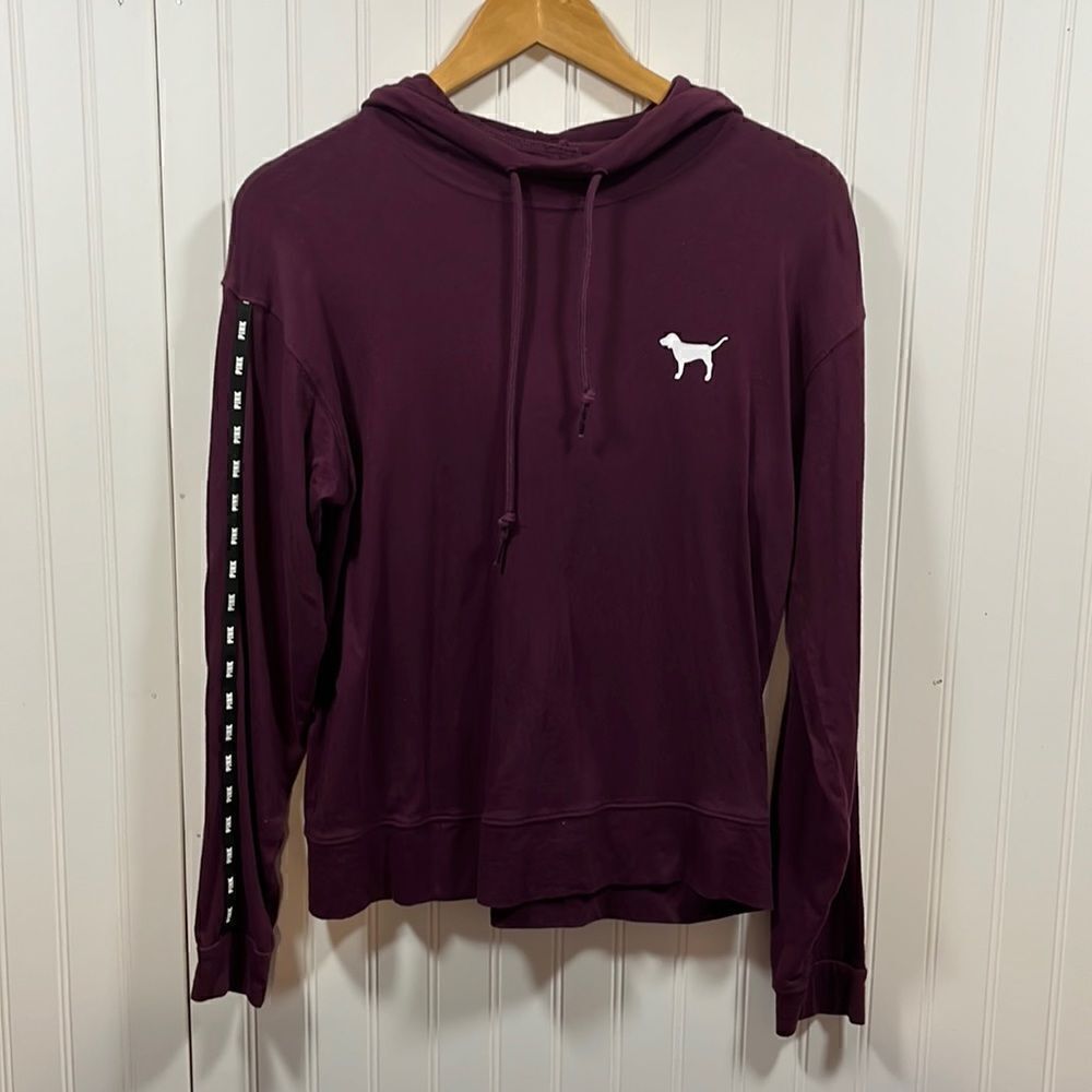 PINK burgundy cowl neck graphic hooded long sleeve pullover sweatshirt